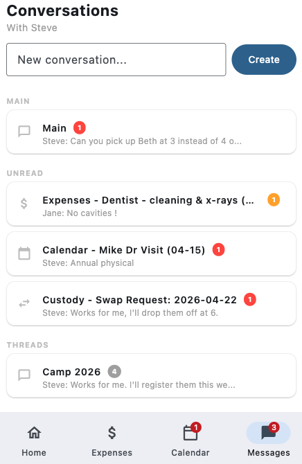 FairLedger Conversations Hub showing standalone threads, expense discussions, and calendar event notes in one unified view