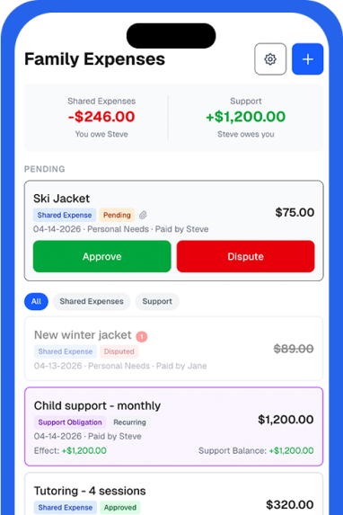 Family Expenses app screen showing pending expenses, approve and dispute actions, and transaction history